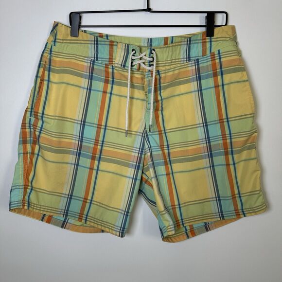 Faherty Swim Board Shorts Mens 33 Yellow Plaid Resortwear Surf Scuba Aloha - Picture 1 of 13